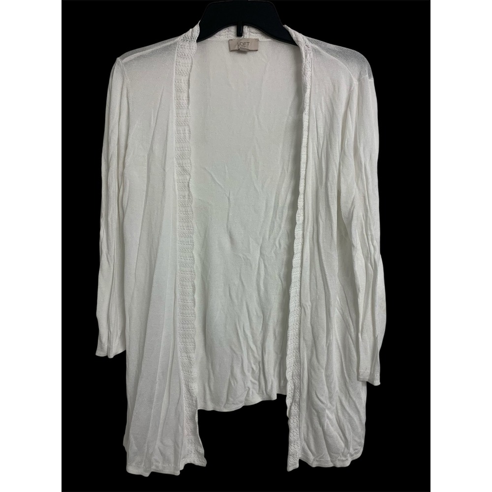 Loft White Open Front Cardigan Crochet Lace Trim Lightweight Coastal Knit Medium